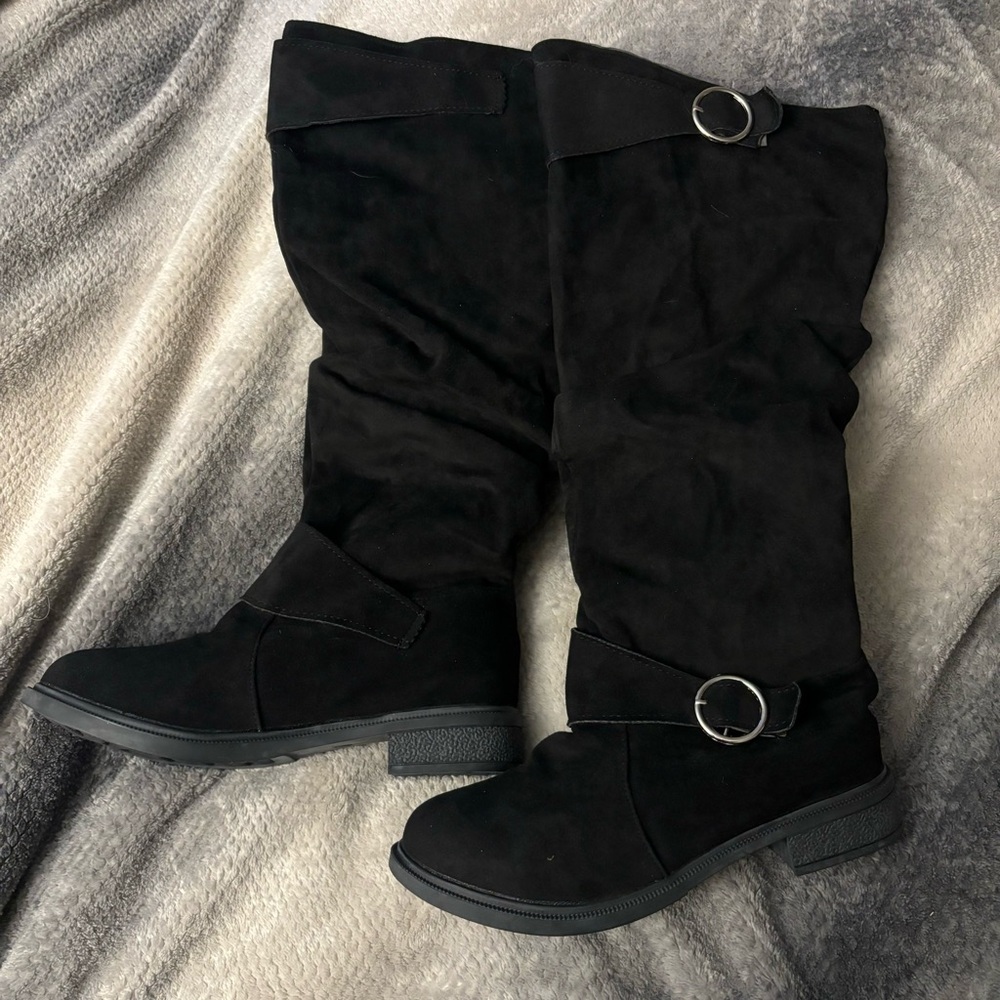 Black Faux Suede Buckle Boots